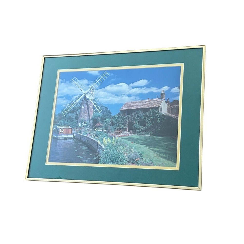 Dutch Netherland Windmill Art Print Professionally Framed w/Gold Green Landscape